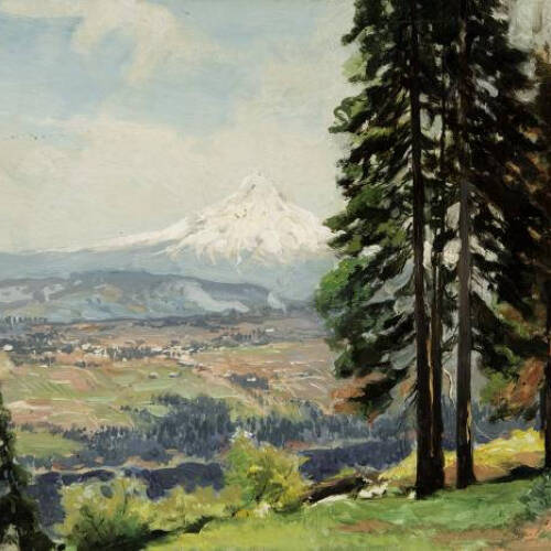 Painting of Mount Hood in Oregon at a distance, with trees in the foreground along the left corner.